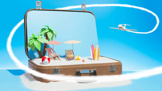 蓝色背景手提箱中的飞机在避暑山庄飞行的插图