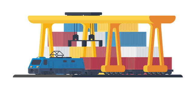 铁路运输货物的火车头装载货运集装箱的过程海港或铁路龙门起重机与