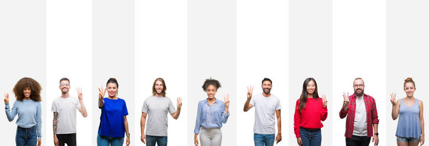 拼贴不同民族的年轻人在白色条纹上，孤立的背景，显示和指着第三个手指，同时微笑自信和快乐。