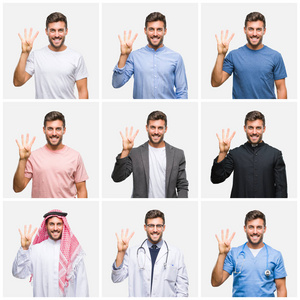 年轻医生阿拉伯商人的拼贴背景显示和手指第四，同时微笑自信和快乐。