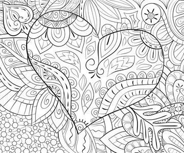 一颗可爱的心在抽象的花卉背景上，装饰形象，以放松。一个着色的书页为成年人。六个艺术风格的插图印刷。海报设计。