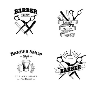 矢量集复古理发店标签，标志徽章和设计元素。