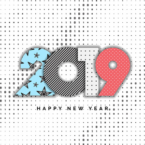 2019年新年快乐矢量数字日历设计。 带有半色调和星形几何元素的寒假贺卡