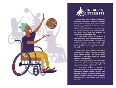 一个坐轮椅的人打排球。 社会和残疾人社区的概念。 爱好兴趣残疾人的生活方式。 平面卡通风格孤立白色背景矢量插图