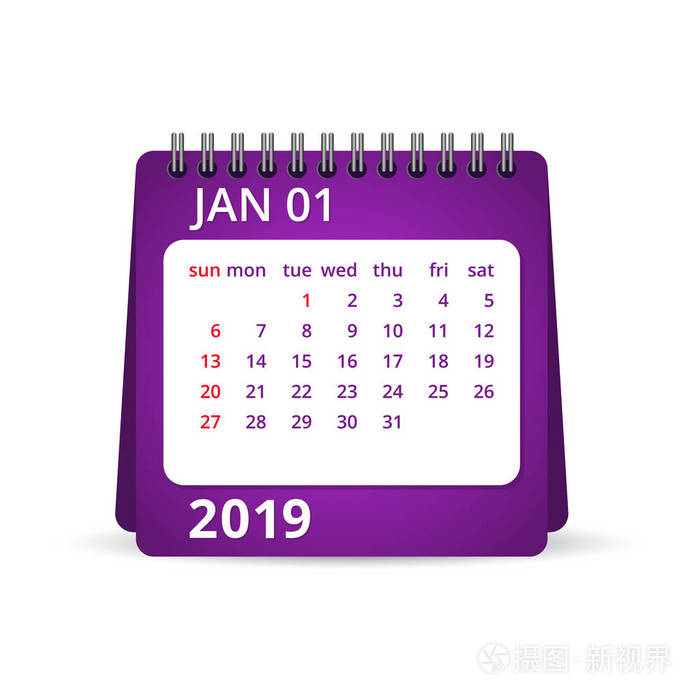 2019年日历一个月的日历一月星期一开始日历矢量图