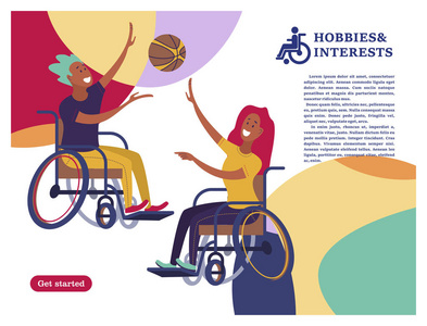 一男一女，坐着轮椅打排球。 社会和残疾人社区的概念。 爱好兴趣残疾人的生活方式。 平面卡通风格孤立的矢量插图