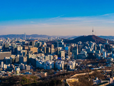 韩国首尔市美丽的建筑建筑城市景观和塔楼