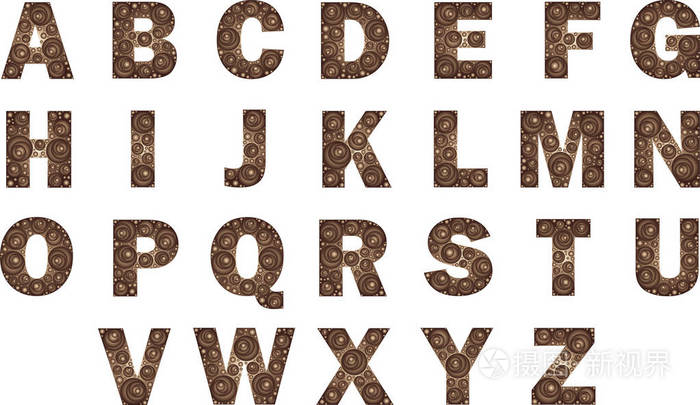 英文字母表带有棕色梯度的圆形装饰品的大写字母向量