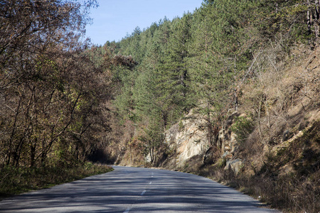 山区山林中的公路。 一条美丽的新沥青公路穿过山区的森林