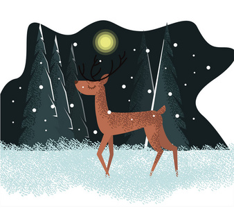 矢量平面绘制的可爱插图，鹿站在森林和树木背景中