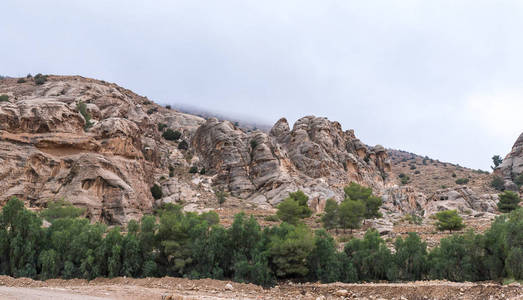 在约旦瓦迪穆萨市纳巴坦王国的首都佩特拉的峡谷阿尔西克入口前，低雾
