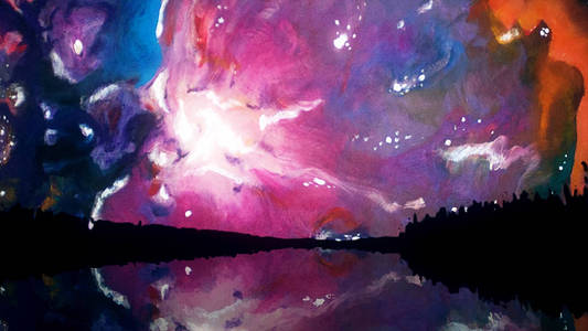 天空与颜色星系。风景如画的夜空动画在山与倒影在湖中。五颜六色闪烁的银河天空的水彩效果
