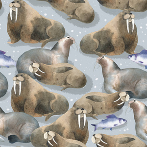 雪背景下极地动物的无缝水彩图案。 海洋动物和鱼。 雪上的棕色疣