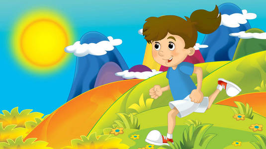 卡通夏季或春季自然背景在山区与儿童在自然中的训练，为儿童提供文字插图的空间