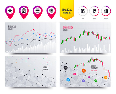 财务规划图表。明星最爱和菜单列表图标。检查表和齿轮标志符号。加密股票市场图图标。时髦的设计。矢量