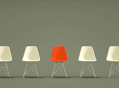 一排现代设计的椅子，有一个奇怪的。 工作机会。 商业领导。 招聘概念。 3D渲染