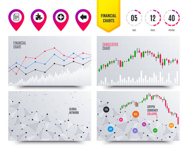 财务规划图表。 加上圆圈和拼图图标。 文档文件和背面箭头符号。 加密货币股票市场图图标。 时髦的设计。 向量