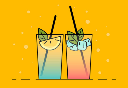 摇动插图。 彩色图片Vektorgrafik。 摇动图标。 平面插图鸡尾酒与水果柠檬和冰块。