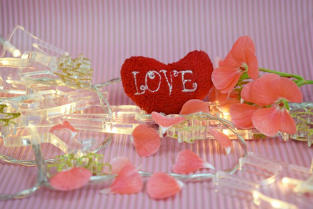 情人节。红色的心和灯光花环在粉红色的背景。