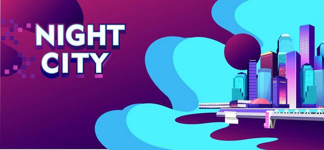 矢量插图，一个网站的水平概念横幅，海湾上的未来主义城市，现代建筑与霓虹灯摩天大楼，夜晚