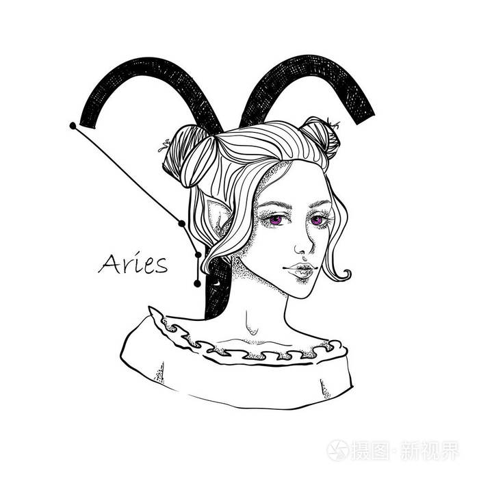 十二宫星座白羊座美丽的女孩紫色的眼睛在白色的孤立的背景十二宫星座