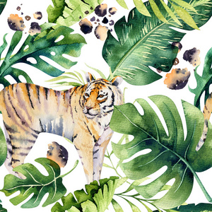 无缝水彩动物老虎图案与老虎与热带叶子, 阿罗哈丛林夏威夷。手绘棕榈叶。热带夏季背景的纹理, 纸张, 纺织品或壁纸设计