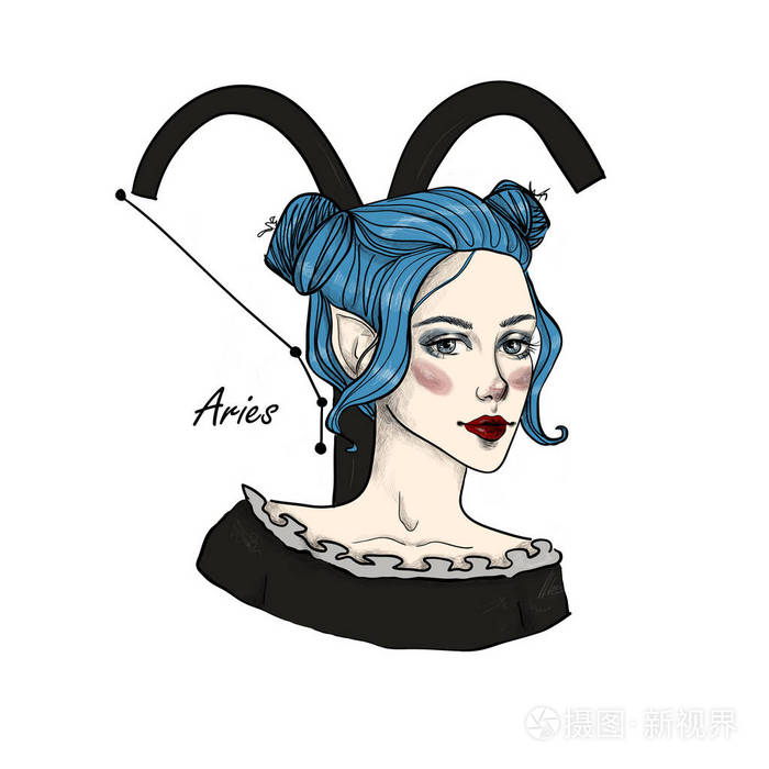 生肖白羊座美丽的女孩紫色的眼睛和蓝色的头发在白色的孤立的背景星座