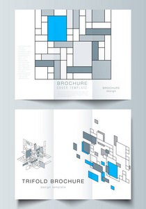 可编辑布局的最小矢量插图。现代创意涵盖了三重宣传册或传单的设计模板。抽象多边形背景, 五颜六色的马赛克图案, 复古的布豪斯