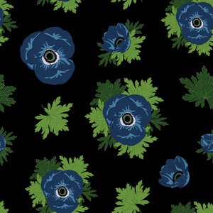向量花重复无缝的样式与蓝色海葵花在黑色背景