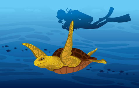 矢量热带插图与水下海洋野生动物和水上运动。 卡通海龟和水肺潜水员在蓝色海洋背景下的剪影。