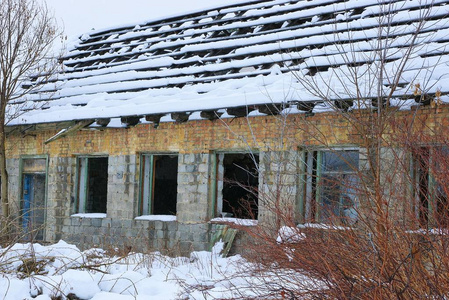 旧的棕色的破败的砖房，白雪中空着黑窗，长满了草木