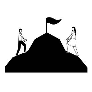 商人和妇女攀登山旗矢量插图图片