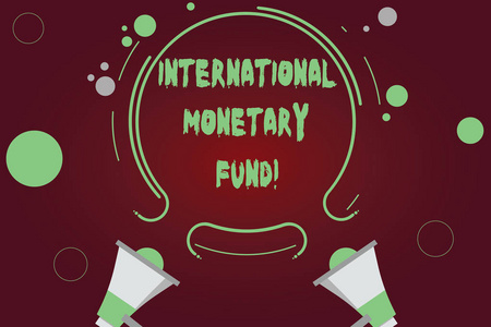 编写国际货币基金组织的文字。概念意义促进国际金融稳定的两个扩音器和圆形纲要与小圆在颜色背景
