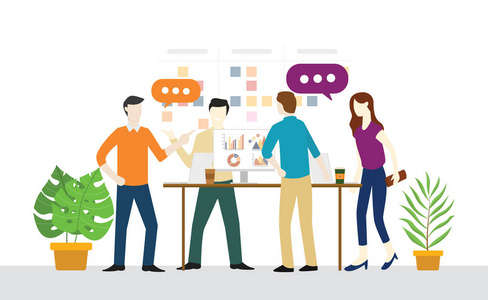 企业站立或站立会议,团队合作的日常计划,敏捷和scrum开发矢量插图