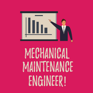 编写文字机械维修工程师。概念含义负责机器效率商务中的人站在一个带有条形图复制空间的板上