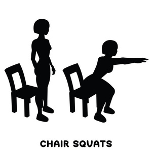 椅子蹲着。 蹲下。 体育锻炼。 女人做运动的剪影。 训练矢量图