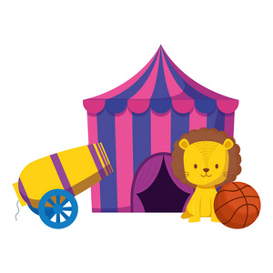 可爱的马戏团狮子与火箭和气球