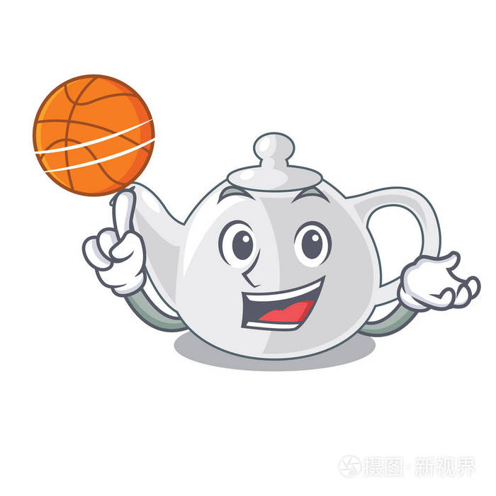 篮球瓷茶壶与图案卡通矢量插图