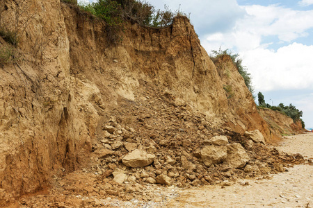 危险的裂缝环境危险地区的山体滑坡. 大层土挡路下降的大裂缝.