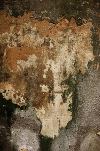石膏砖墙的空旧艺术纹理。 用花瓣纹理绘制的石砖墙灰泥裂缝中的油漆划痕表面。 用破损石膏摩擦建筑正面