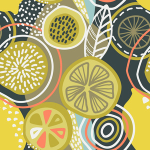 向量抽象无缝的样式与柠檬, 圈子, 点照片