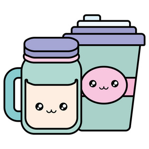 塑料杯容器和罐 kawaii 字符