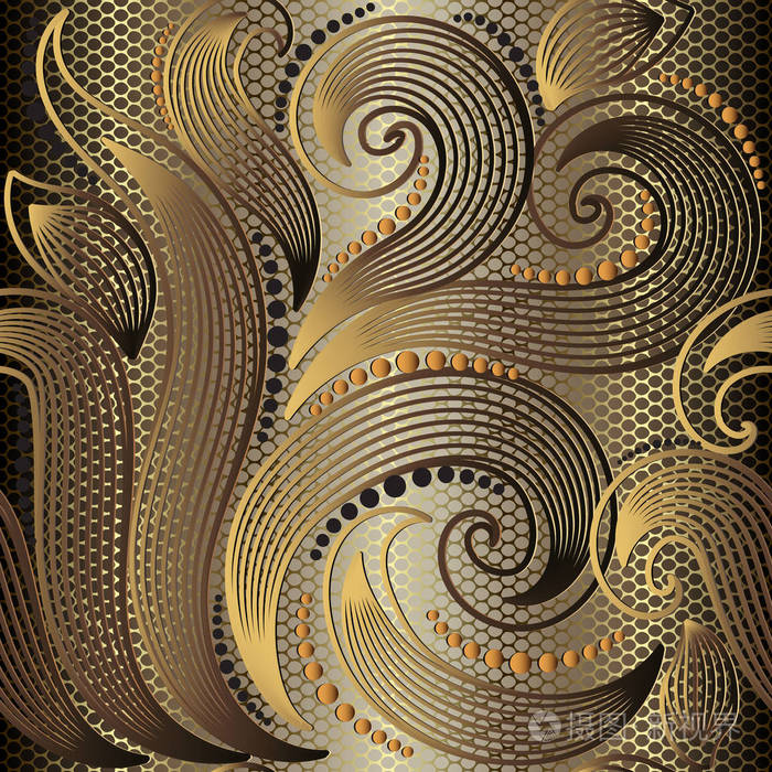 华丽的金花线艺术巫术三维无缝图案. 装饰性纹理花边背景.