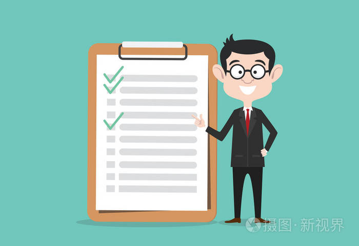 核对表商务人员与剪贴板,检查列表矢量插图