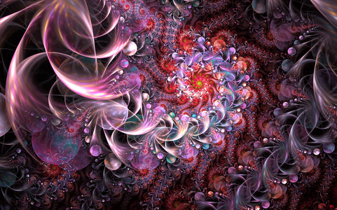 仙女无限抽象花卉图案。 明亮的颜色和闪闪发光的纹理。 用于创意平面设计的数字分形艺术品。 神秘的螺旋计算机生成的图像。