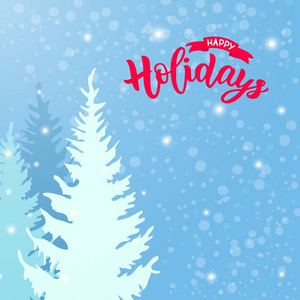 书法现代文字愉快的假日与冬天雪风景的例证与松树不同的颜色和雪花