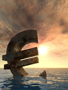 概念3D插图货币欧元符号或符号下沉在海水或海洋日落背景概念欧洲危机