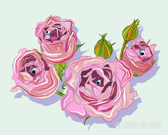 树枝上有粉红色的玫瑰,玫瑰花蕾和叶子.