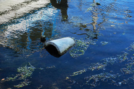 生态问题。 水中的垃圾。 塑料瓶污染自然。 瓦尔纳海港的瓶子和垃圾。 港口内的垃圾在小船停泊处