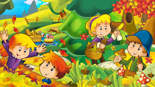 卡通秋天背景，女孩和男孩收集蘑菇插图儿童